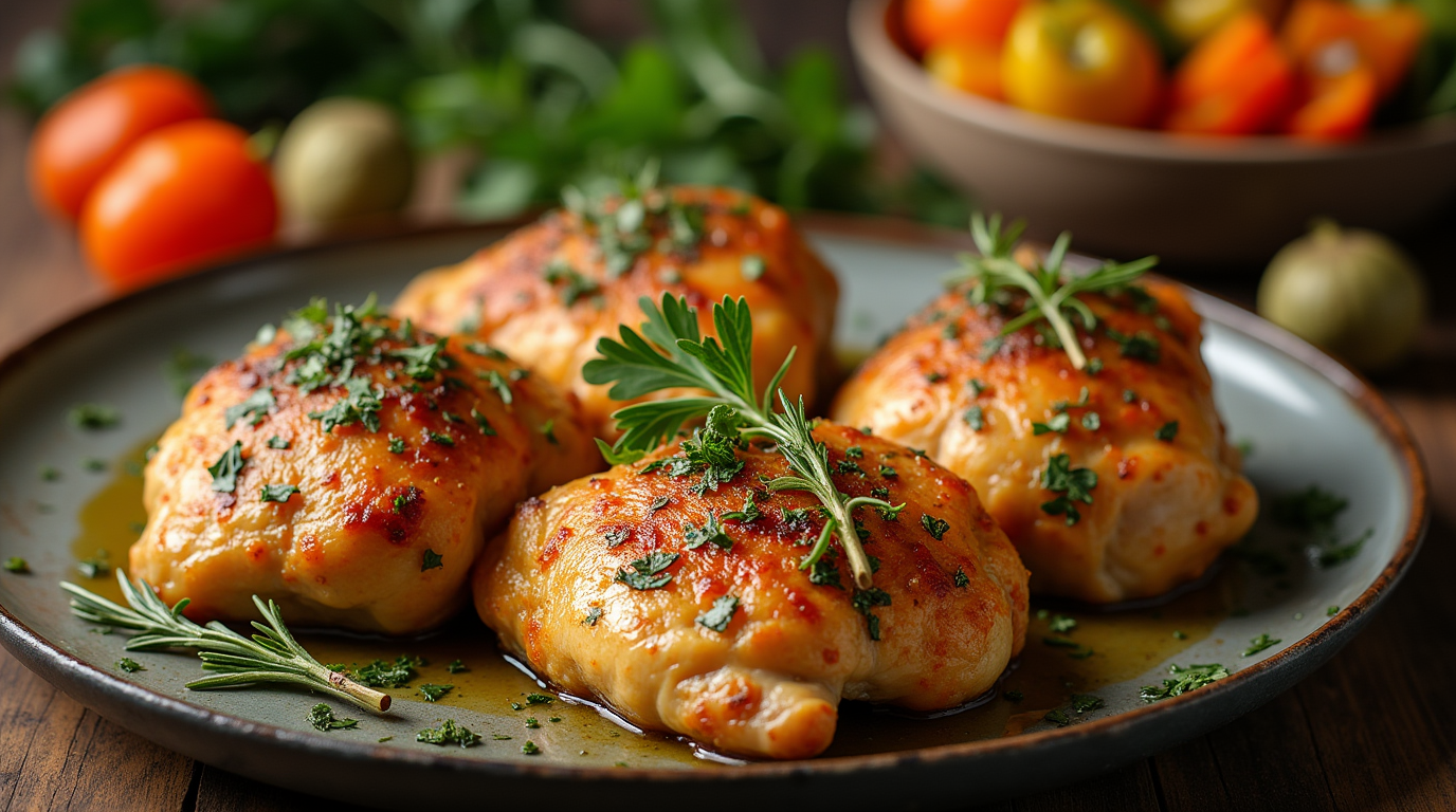 "A perfectly roasted baked chicken with a golden, crispy skin, seasoned with a fragrant blend of fresh herbs like rosemary, thyme, and garlic. The chicken is served with roasted vegetables, making it a comforting and flavorful dish for a wholesome meal."