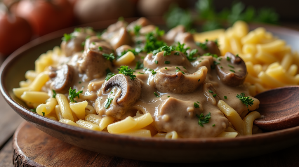 "A creamy and comforting plate of Beef Stroganoff, featuring tender strips of beef simmered in a rich, velvety mushroom sauce. Served over a bed of perfectly cooked egg noodles and garnished with fresh parsley, this dish is the perfect blend of savory flavors."