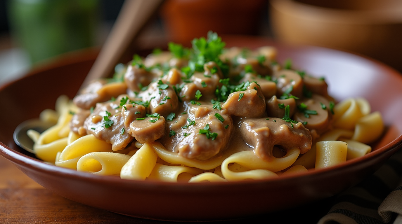 "A creamy and comforting plate of Beef Stroganoff, featuring tender strips of beef simmered in a rich, velvety mushroom sauce. Served over a bed of perfectly cooked egg noodles and garnished with fresh parsley, this dish is the perfect blend of savory flavors."