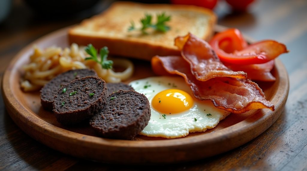 A close-up of crispy black pudding, garnished with herbs, highlighting its deep color and savory taste, ideal for a satisfying dish or breakfast option