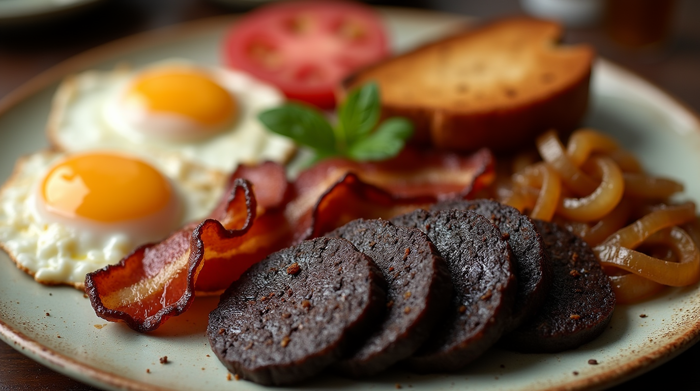 Slices of rich and flavorful black pudding served on a plate, showcasing its dark, savory texture, perfect for a traditional breakfast or hearty meal.