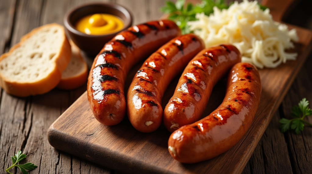 Golden-brown bratwurst sausages arranged on a platter, paired with vibrant accompaniments, making a savory centerpiece for a fun and casual Galentine's dinner gathering.