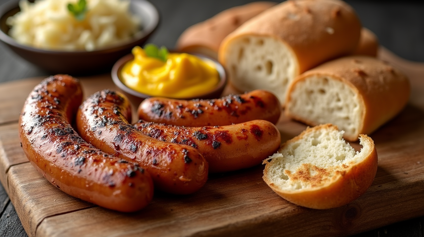 A delicious spread of sizzling bratwurst sausages, served alongside festive sides for a cozy and flavorful Galentine's dinner, perfect for celebrating with friends