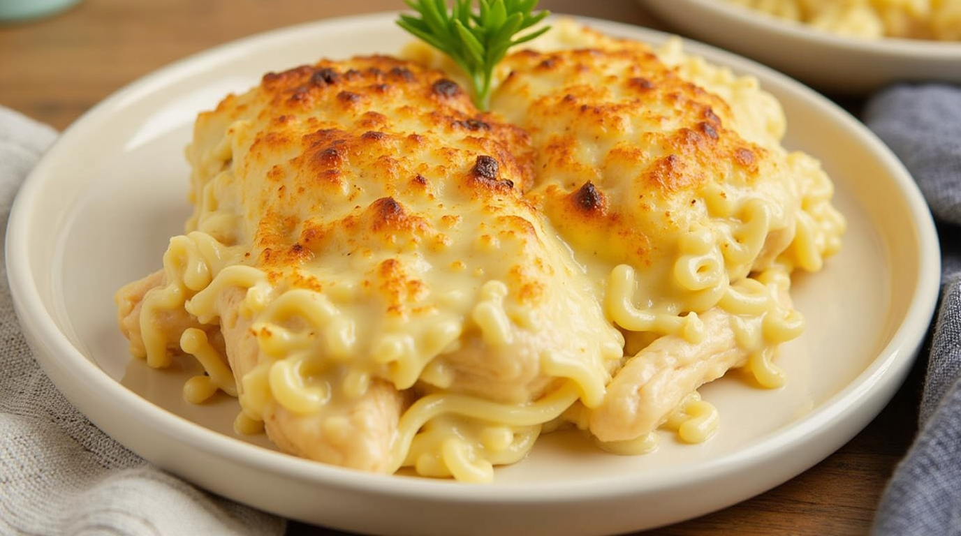 A creamy Chicken Alfredo Pasta, featuring tender slices of seasoned chicken breast over fettuccine noodles, coated in a rich, garlicky Alfredo sauce, garnished with freshly grated Parmesan cheese and chopped parsley, served on a white plate