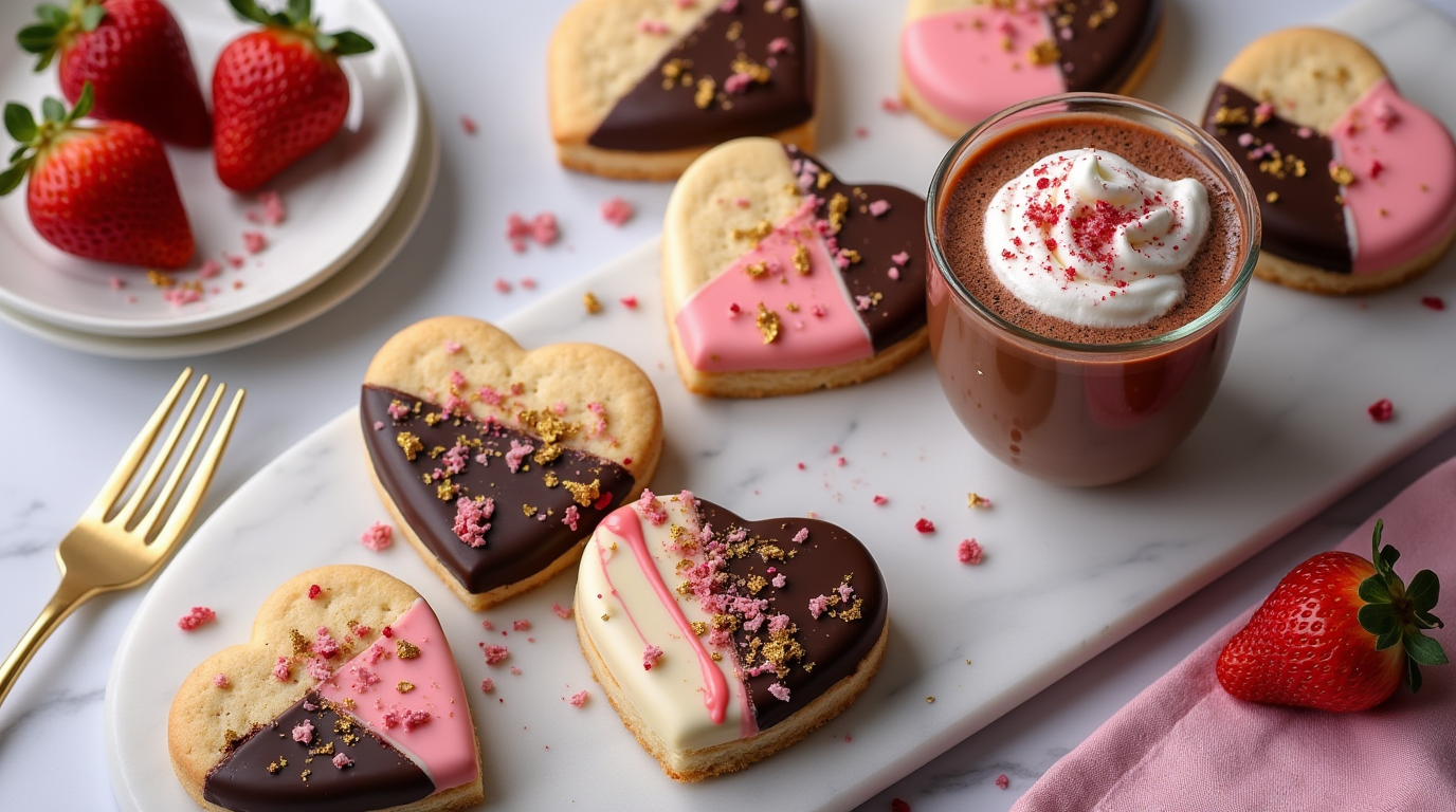 A batch of Chocolate-Dipped Valentine Heart Cookies, each half-coated in silky melted chocolate and adorned with red, pink, and white sprinkles. These romantic homemade cookies are arranged on parchment paper, ready to be gifted or enjoyed as a delightful Valentine's Day treat