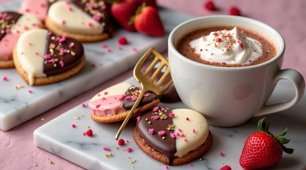 Chocolate-Dipped Valentine Heart Cookies, elegantly decorated with a glossy chocolate coating and festive sprinkles, resting on a rustic wooden surface. These heart-shaped treats are perfect for Valentine's Day, offering a sweet balance of rich chocolate and buttery cookie goodness