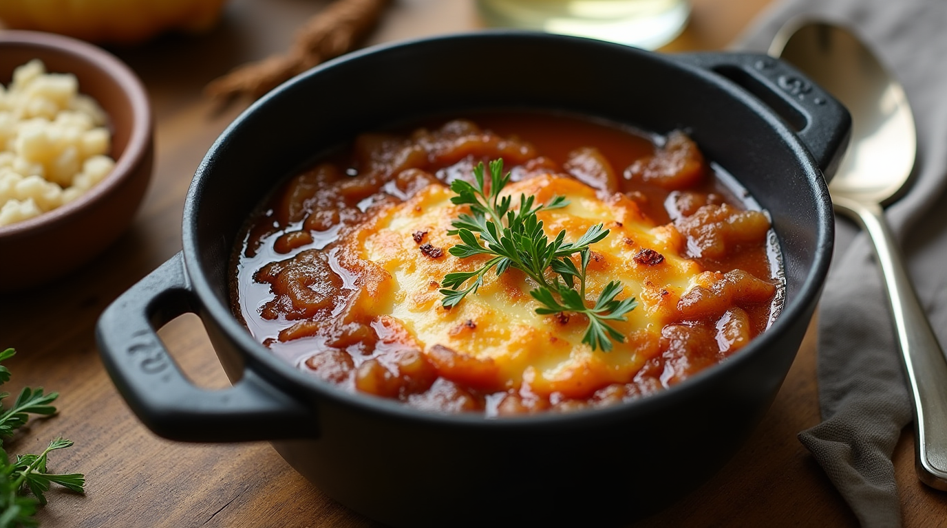 A close-up of a bowl of French Onion Soup, with a thick, savory broth filled with tender caramelized onions and topped with a perfectly melted layer of cheese. The soup is served with a garnish of fresh thyme and a slice of toasted baguette on the side, making for a hearty and indulgent dish that captures the flavors of classic French cuisine in every bite