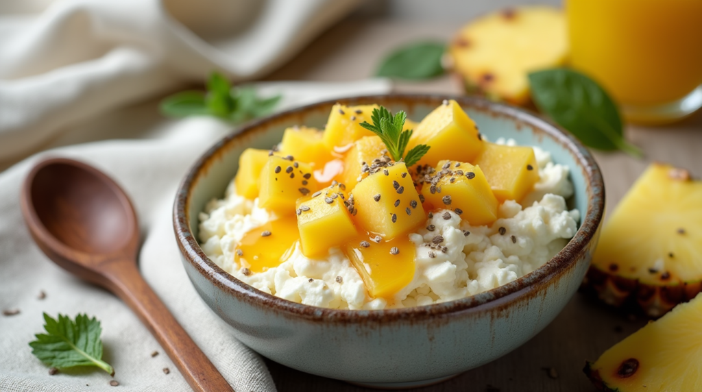 Close-up of creamy cottage cheese with sweet pineapple pieces scattered on top, creating a refreshing and nutritious mix of textures and flavors for a satisfying treat