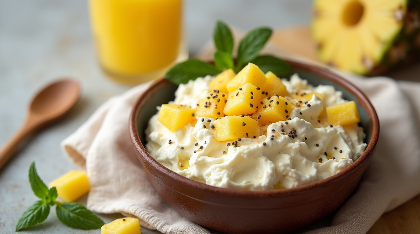 A fresh and vibrant bowl of cottage cheese topped with juicy pineapple chunks, offering a deliciously sweet and tangy combination, perfect for a light and healthy snack