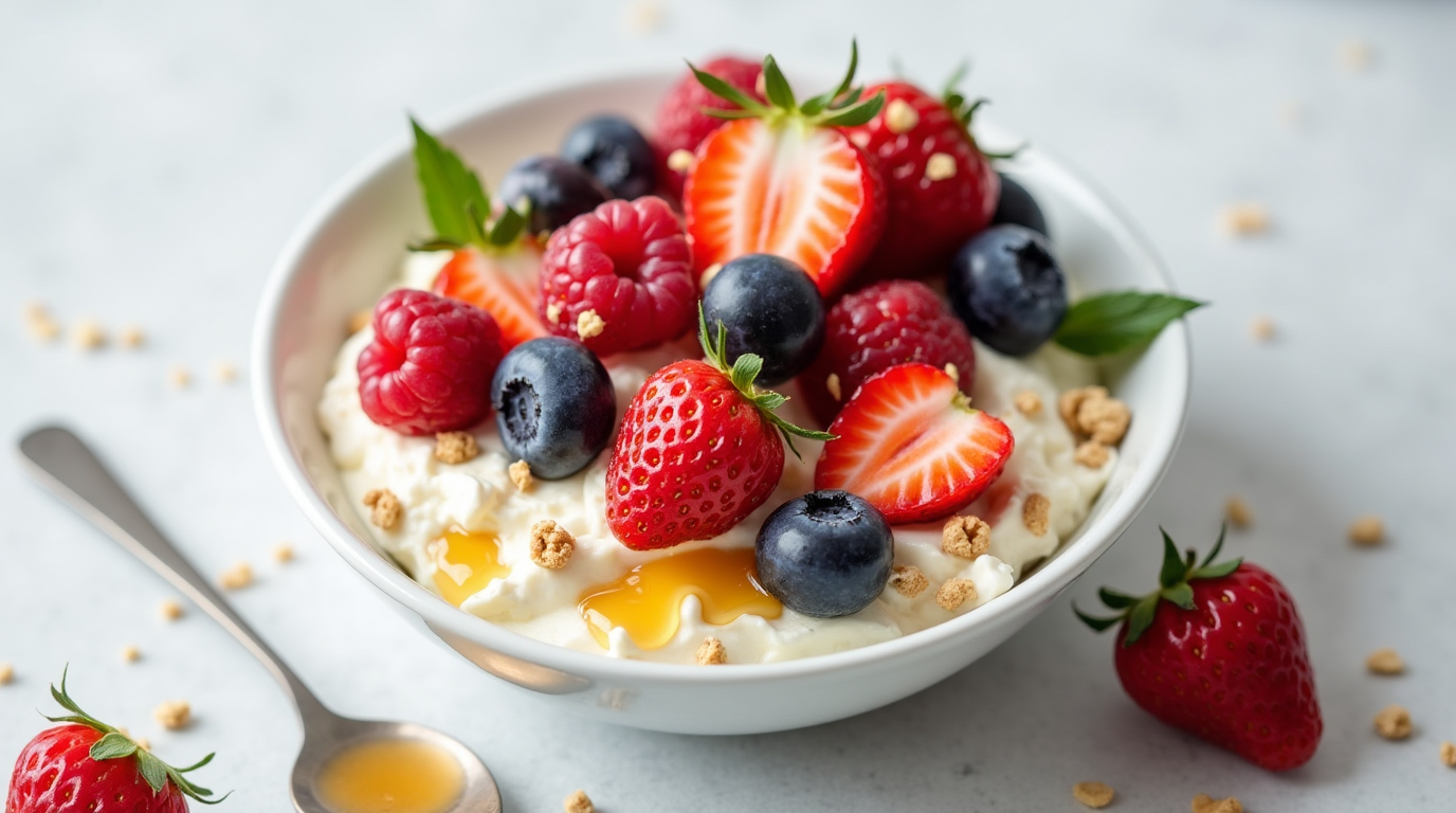 A refreshing bowl of Cottage Cheese with Berries, topped with juicy strawberries, blueberries, and raspberries. This simple yet satisfying dish is packed with protein, vitamins, and antioxidants, making it the perfect healthy snack or breakfast option. Light, creamy, and bursting with fresh flavor!