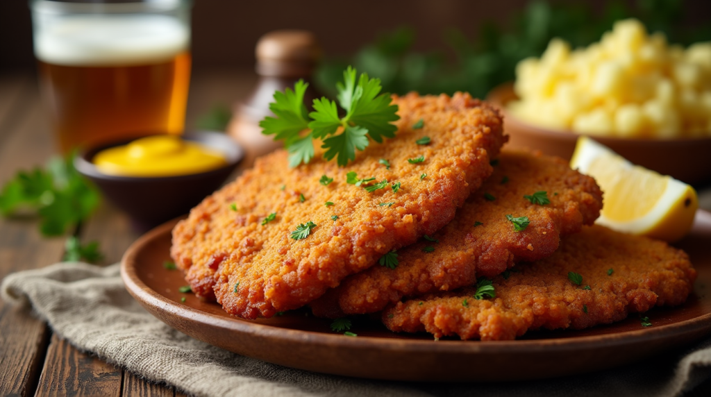 A plate of crispy Beef Schnitzel with a golden, crunchy exterior, served with a garnish of fresh herbs and a light drizzle of tangy sauce. Each bite delivers a tender, juicy beef center, perfectly complemented by the crispy, flavorful crust.