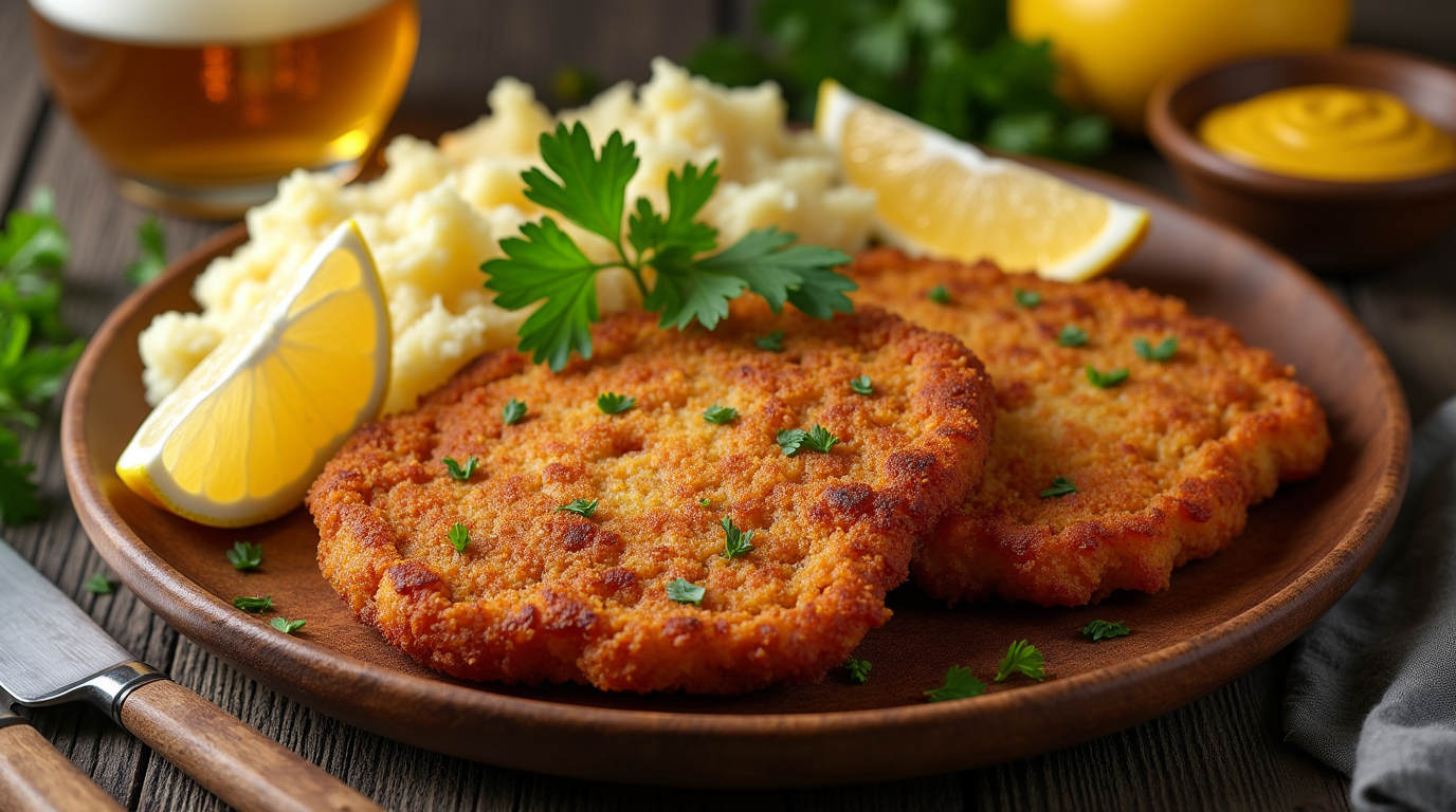 Perfectly golden-brown and crispy Beef Schnitzel, breaded to perfection and served with a side of fresh lemon wedges. The tender beef is encased in a crunchy coating, offering a satisfying crunch with every bite, making it a delicious, crispy delight.