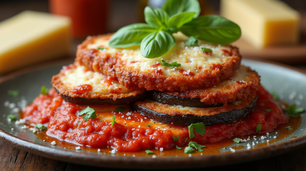 Deliciously crispy eggplant cutlets, topped with savory tomato sauce and gooey melted cheese in this mouthwatering Crispy Eggplant Parmesan. The crispy texture pairs beautifully with the rich marinara, offering a satisfying bite in every piece