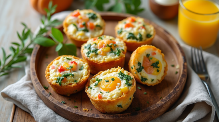 Golden, fluffy egg white bites filled with colorful vegetables, perfect for a healthy and protein-packed snack or breakfast on the go