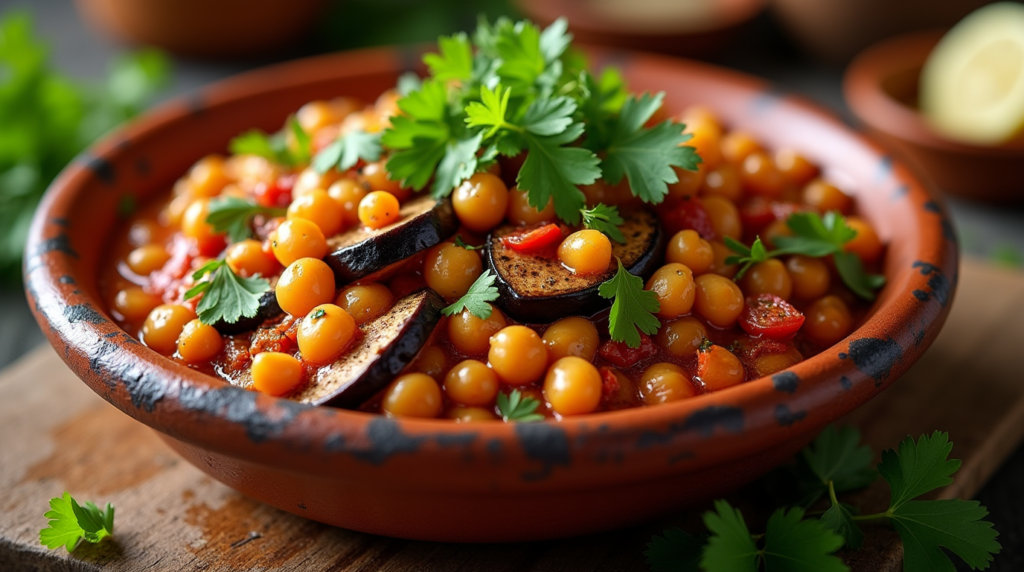 This delicious Eggplant & Chickpea Tagine is a one-pot wonder, featuring roasted eggplant and chickpeas simmered in a medley of aromatic spices. A healthy, comforting dish that’s perfect for a cozy dinner, bursting with rich flavors and nutrients. Great for plant-based and vegan diets!