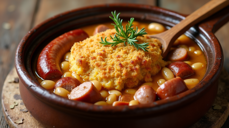 A steaming dish of traditional cassoulet, featuring tender beans, savory sausage, and succulent pieces of meat, all slow-cooked to perfection for a comforting, rustic meal