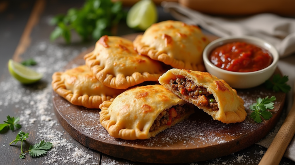 Freshly fried Golden & Crispy Empanadas, showcasing a crunchy, golden exterior with a flavorful, spiced filling peeking through. Paired with a zesty salsa, these irresistible turnovers are perfect for a delicious snack or appetize