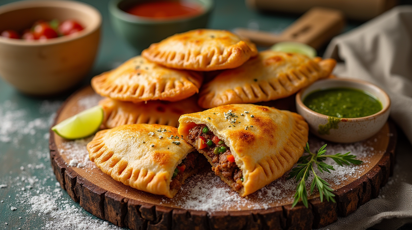 A plate of Golden & Crispy Empanadas with perfectly flaky, golden-brown crusts, filled with a savory mix of seasoned meat and vegetables. These hand-held delights are served with a side of tangy dipping sauce for the ultimate crispy bite.