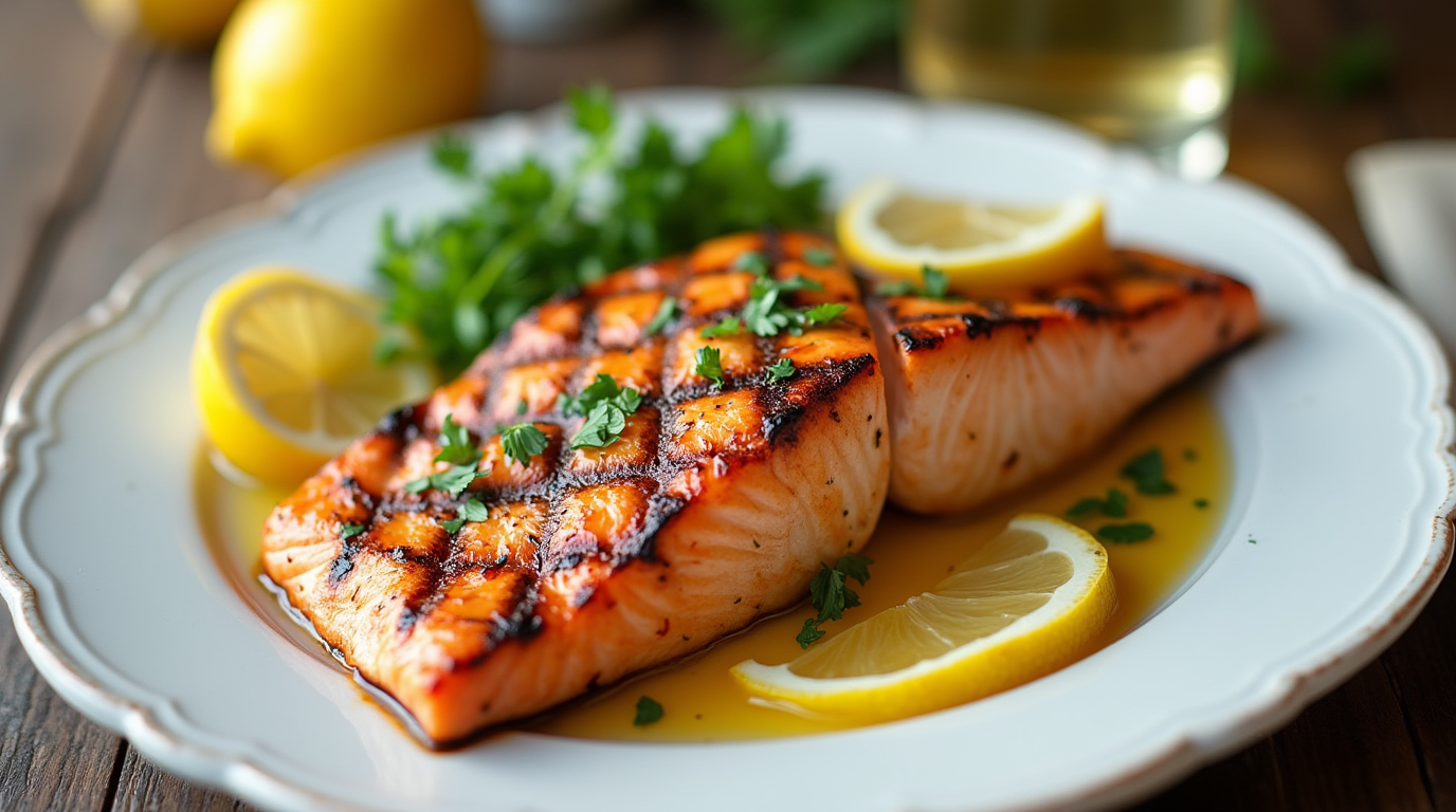 "A beautifully grilled salmon fillet drizzled with a rich lemon butter sauce, perfectly seared to a golden brown. Served with vibrant green vegetables and garnished with fresh lemon slices, this dish is a light yet flavorful option for a healthy, satisfying meal."