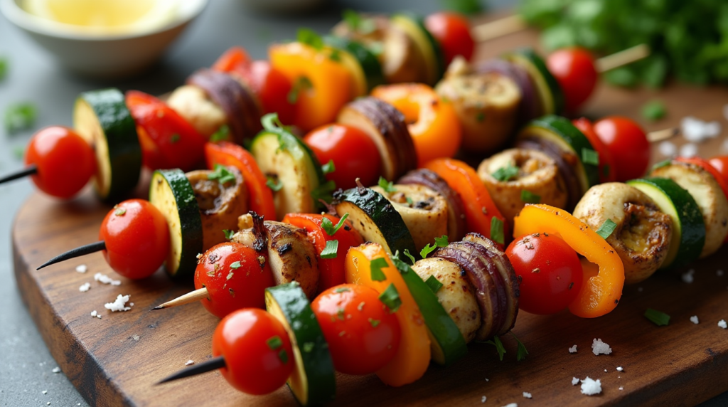 Flavor-packed Grilled Veggie Skewers featuring tender, caramelized vegetables like bell peppers and onions, perfectly grilled and served as a fast food favorite. The smoky, savory taste of the veggies on a skewer offers a quick, healthy bite with a crispy, charred finish.