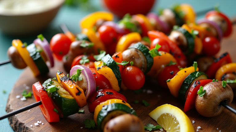 "Colorful Grilled Veggie Skewers loaded with vibrant peppers, zucchini, and mushrooms, charred to perfection for a smoky flavor. Served on a wooden stick, these veggies are grilled to a crisp, making them a quick and healthy fast food option that’s both delicious and satisfying