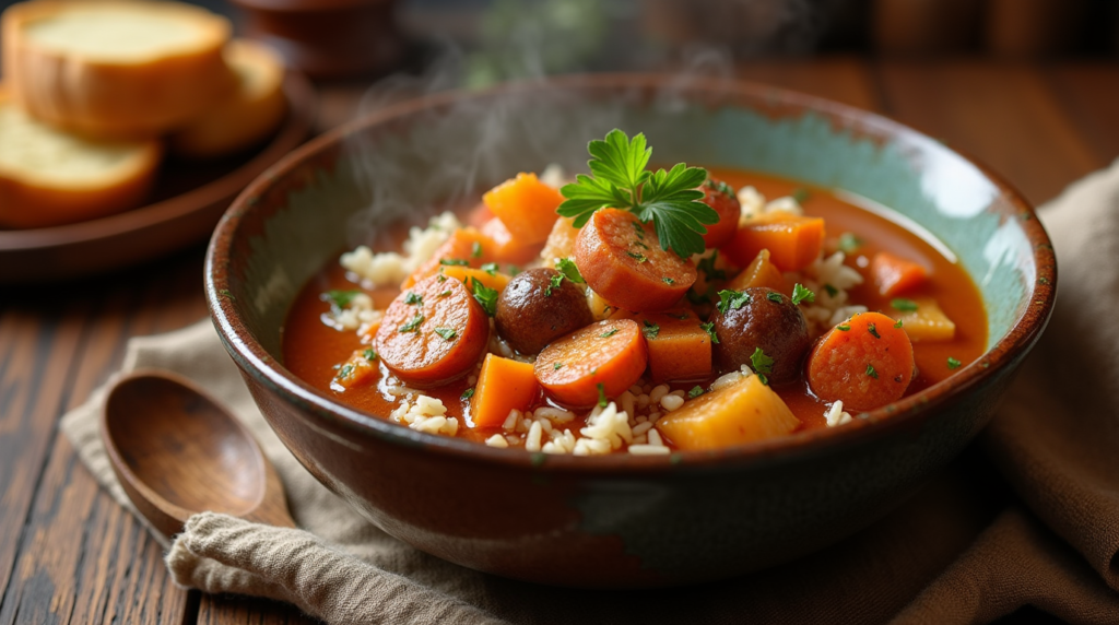 A vibrant, aromatic serving of Gumbo for Mardi Gras, featuring a blend of spices, tender chicken, shrimp, and smoked sausage. The dish is served in a rustic bowl with a sprinkle of green onions and a hint of heat, perfect for a lively Mardi Gras feast