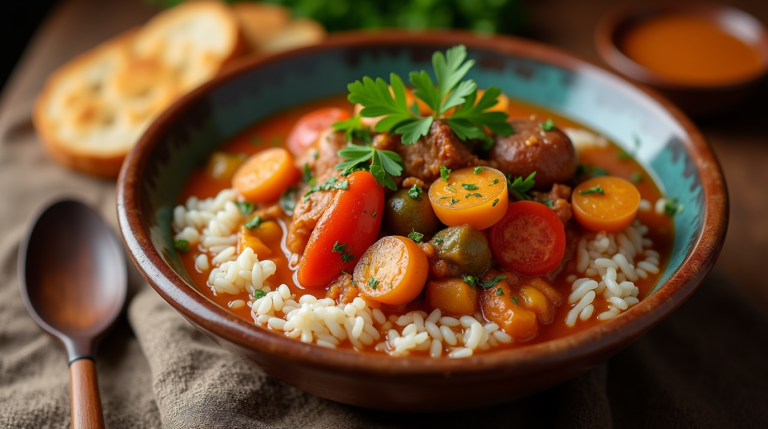 A steaming bowl of Gumbo for Mardi Gras, filled with a rich, flavorful broth brimming with shrimp, sausage, and vegetables. Garnished with fresh parsley and served with a side of fluffy rice, this hearty dish is a festive favorite for the celebration