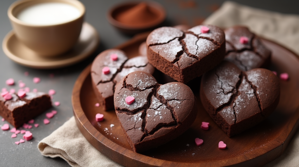 Delicious heart-shaped brownie cookies adorned with a sprinkle of powdered sugar and topped with mini chocolate chips, offering a melt-in-your-mouth experience. The deep, chocolatey color and sweet finish make these cookies a delightful, festive dessert for any chocolate lover