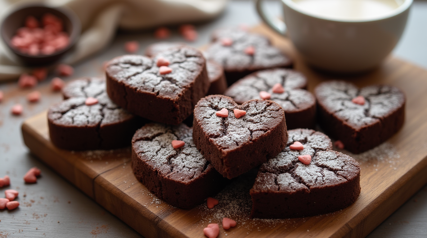 A plate of warm, heart-shaped brownie cookies with a fudgy center and crisp edges, drizzled with a rich chocolate glaze. These cookies are the perfect blend of soft brownie texture and the playful shape of hearts, making them an ideal treat for Valentine's Day or any special occasion