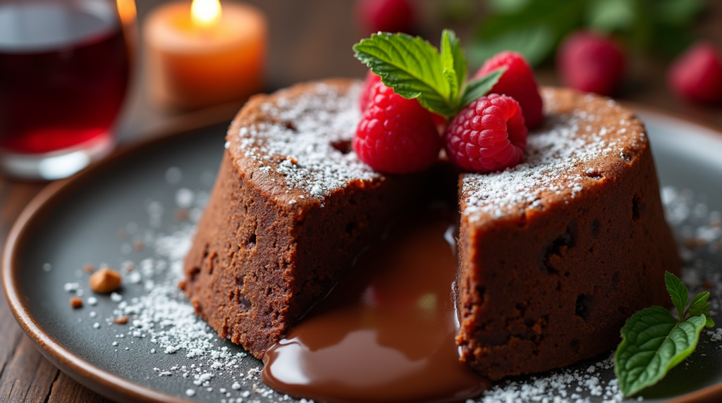 A decadent heart-shaped chocolate lava cake, with a rich, molten chocolate center flowing out as the cake is gently cut. The warm, gooey chocolate contrasts beautifully with the outer layer of perfectly baked cake, making it a tempting dessert for any romantic celebration or special occasion