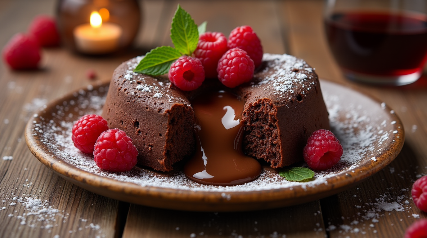 A decadent heart-shaped chocolate lava cake, with a rich, molten chocolate center flowing out as the cake is gently cut. The warm, gooey chocolate contrasts beautifully with the outer layer of perfectly baked cake, making it a tempting dessert for any romantic celebration or special occasion