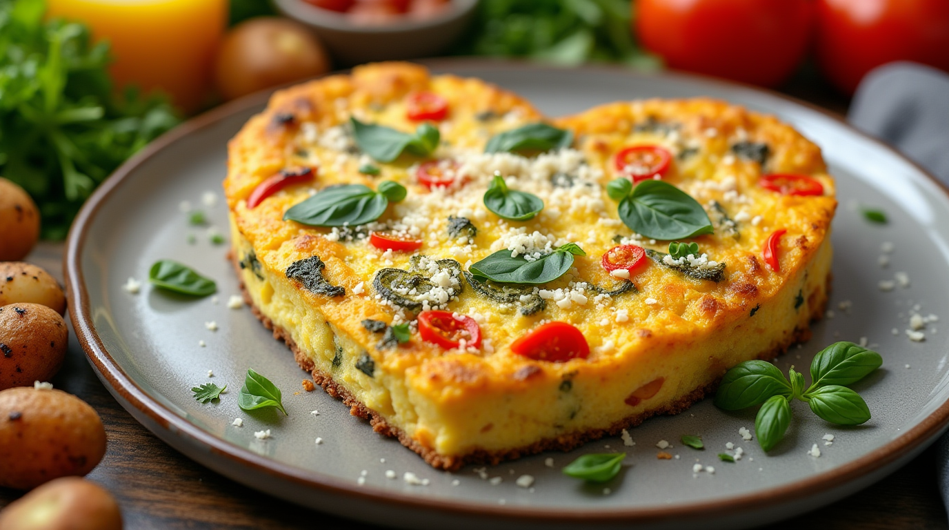 A vibrant heart-shaped frittata filled with colorful bell peppers, spinach, and melted cheese, served on a white plate. The golden edges and fluffy texture of the eggs are perfectly complemented by the fresh vegetables, creating a hearty and delicious breakfast or brunch option