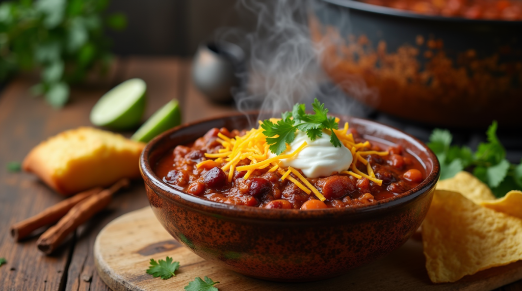 Thick and flavorful Hearty Chili Con Carne, simmered to perfection with ground beef, beans, and bold spices. Served in a rustic bowl with a side of cornbread, this classic dish delivers a satisfying, spicy kick in every bite.