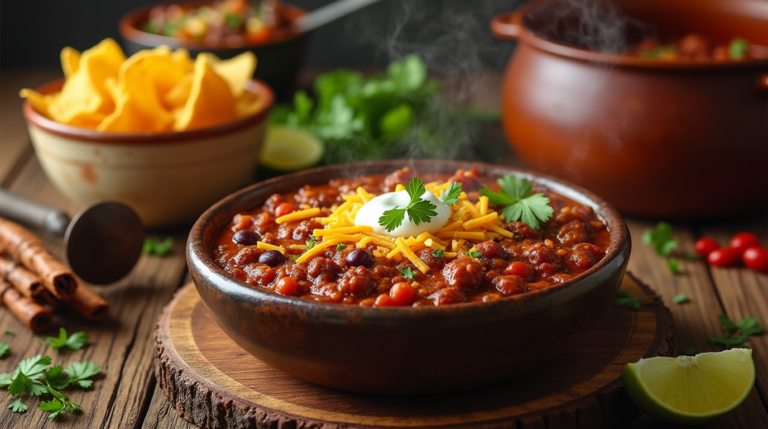 A steaming bowl of Hearty Chili Con Carne, packed with tender ground beef, red kidney beans, and a rich, smoky tomato sauce. Topped with shredded cheese, fresh cilantro, and a dollop of sour cream, this comforting dish is perfect for a cozy meal