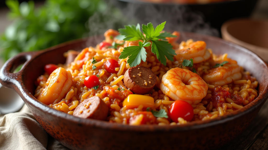 "Celebrate Mardi Gras with a hearty serving of authentic Jambalaya, brimming with juicy shrimp, savory sausage, and tender chicken mixed with seasoned rice and vibrant bell peppers. This festive dish brings the spirit of New Orleans to your table."