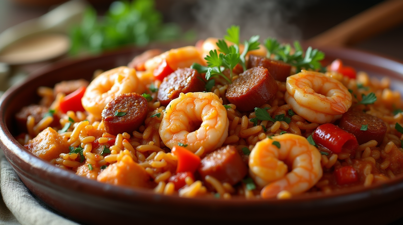 A flavorful plate of authentic Jambalaya, celebrating Mardi Gras with a perfect blend of seasoned rice, shrimp, sausage, and chicken. The dish is garnished with fresh herbs, offering a vibrant and spicy taste of New Orleans tradition.