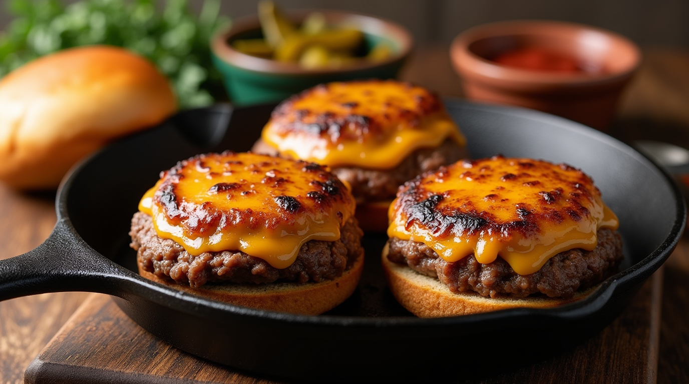 A mouthwatering ground beef smash burger, with a perfectly seared crispy crust, topped with melted cheese, fresh lettuce, tomato, and pickles. The juicy patty is nestled in a soft, toasted bun, offering a deliciously satisfying bite