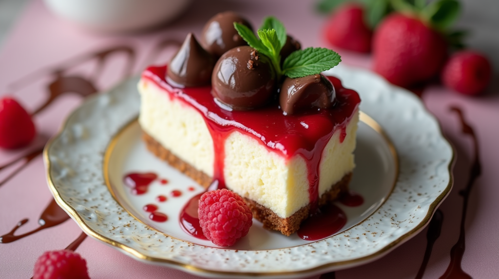 A close-up view of a luxurious Raspberry Truffle Cheesecake, showcasing its silky texture and luscious raspberry topping, adorned with finely shaved chocolate and fresh berries. The cheesecake's melt-in-your-mouth consistency combined with the chocolate truffle accents create a truly irresistible dessert experience