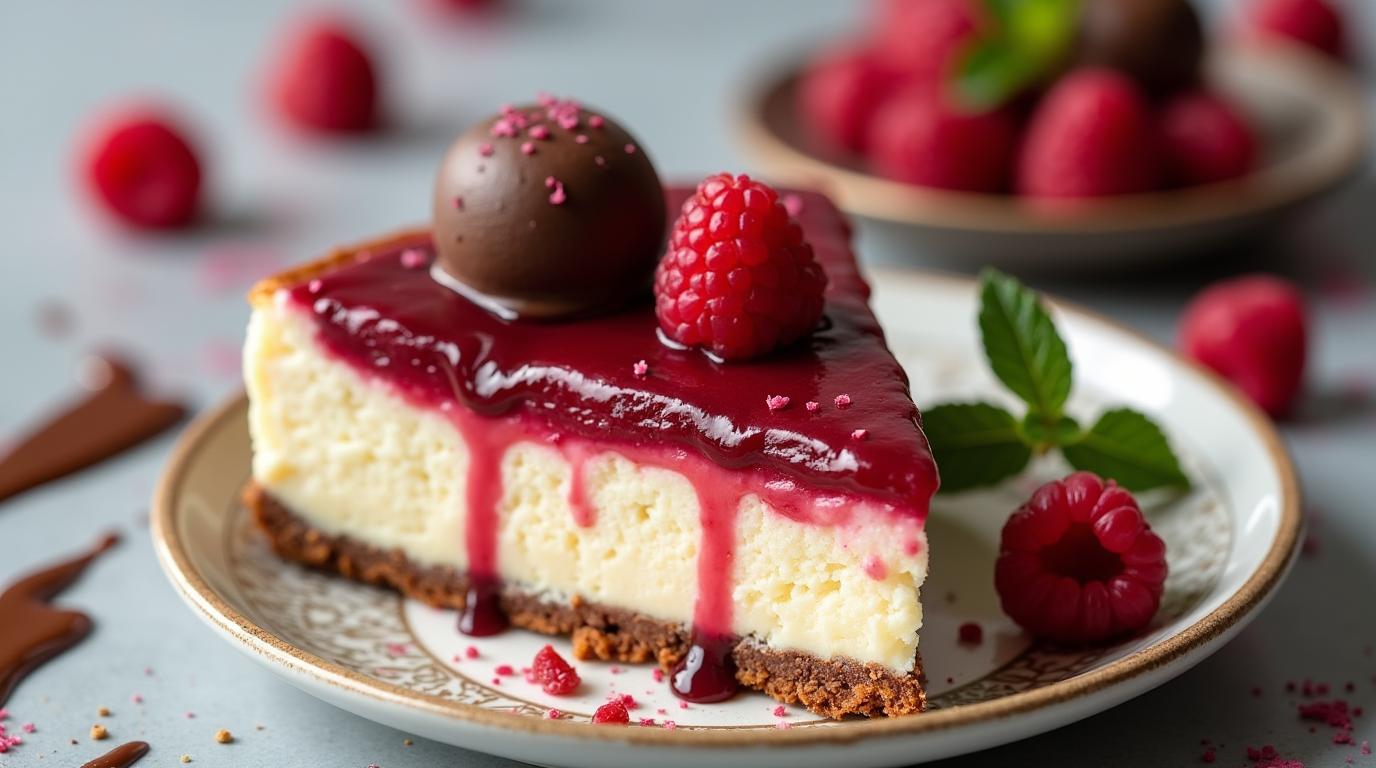 A decadent slice of Raspberry Truffle Cheesecake, featuring a smooth and creamy filling topped with fresh raspberry compote and delicate chocolate truffles, all resting on a buttery graham cracker crust. The rich layers and vibrant raspberry color make this dessert a visually stunning indulgence, perfect for any special occasion.