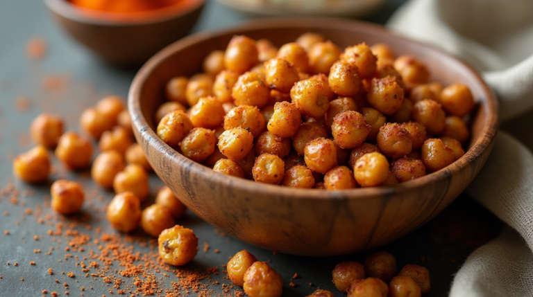 Crispy and golden-brown roasted chickpeas scattered on a baking sheet, garnished with a sprinkle of paprika and sea salt. The perfect crunchy snack, high in protein and flavor