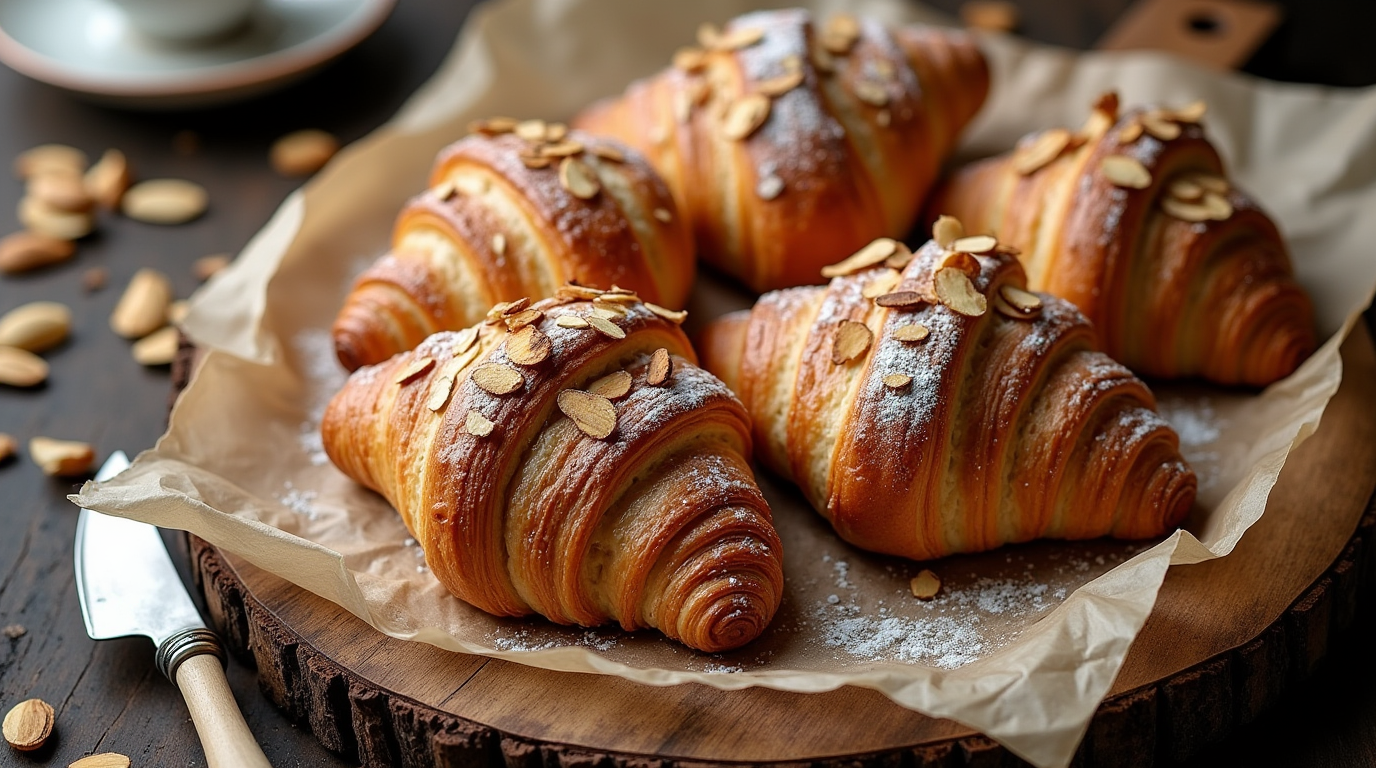 A freshly baked batch of golden, flaky Almond Croissants, their buttery layers puffed to perfection. Each croissant is generously filled with a rich almond paste and topped with sliced almonds, giving them a delightful crunch. The croissants are arranged on a parchment-lined baking sheet, with a soft morning light illuminating their crisp texture, making them an irresistible treat for any breakfast or brunch