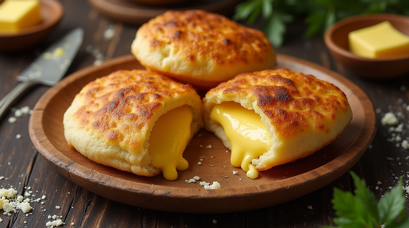 A close-up of golden-brown arepas, freshly grilled and perfectly puffed, with a crispy exterior and soft, warm center. Served on a rustic wooden plate with a side of creamy cheese and colorful salsa, showcasing the traditional Venezuelan and Colombian dish