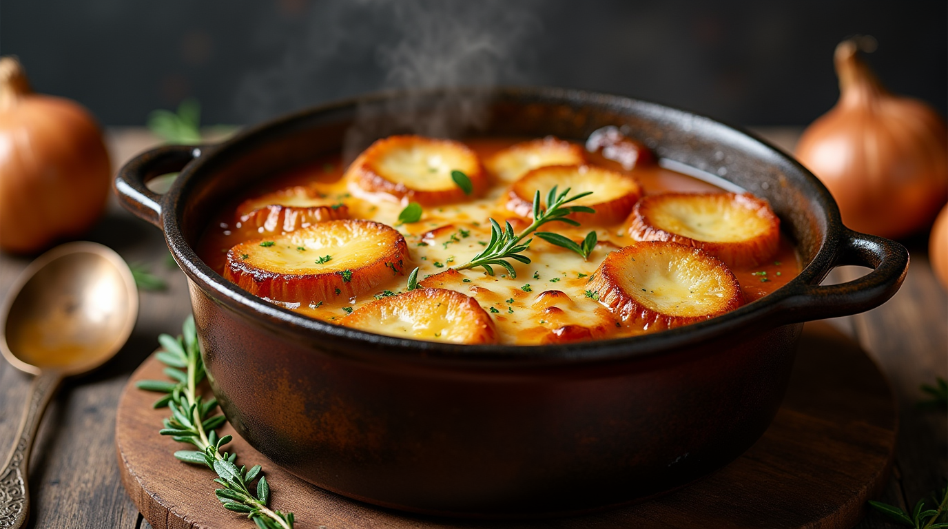 A steaming bowl of French Onion Soup, topped with a golden, crispy layer of melted Gruyère cheese that perfectly complements the rich, caramelized onions beneath. The soup is served in a classic French onion soup bowl, nestled on a rustic wooden table with a slice of toasted baguette, soaking up the savory broth. The warm, comforting dish exudes the essence of French comfort food