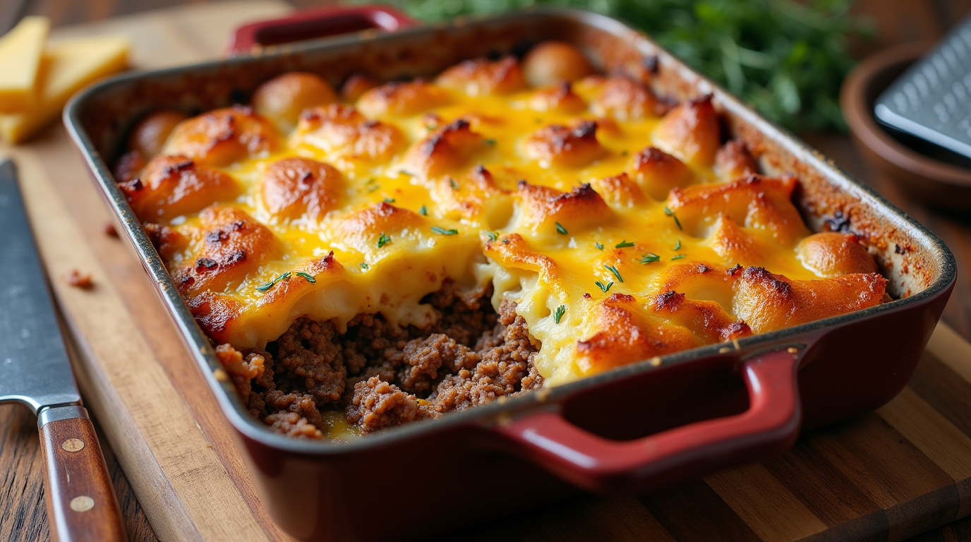 A hearty serving of ground beef & potato casserole, layered with seasoned ground beef, tender potatoes, and melted cheese. The casserole is golden brown on top with a rich, savory filling, perfect for a cozy family meal.