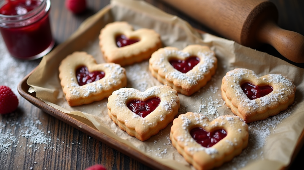 A batch of Rustic Handmade Jam-Filled Heart Cookies, each featuring a sweet, gooey jam filling nestled between two crumbly cookie layers. The edges are lightly dusted with powdered sugar, and the heart-shaped design adds a perfect touch of love for your Valentine’s Day treat