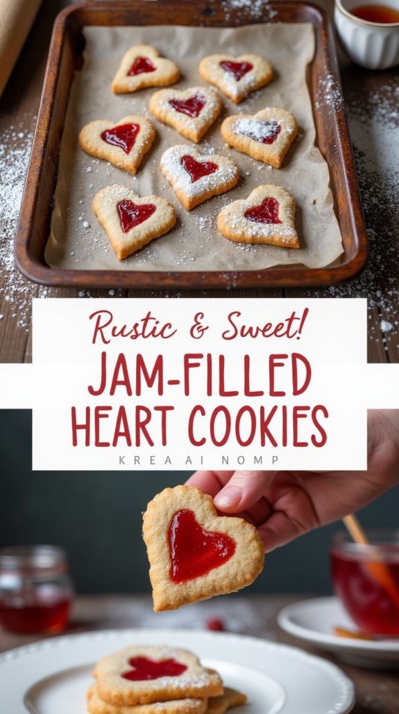 Rustic Handmade Jam-Filled Heart Cookies, with a tender, golden-brown crust and a vibrant swirl of berry jam peeking through the center