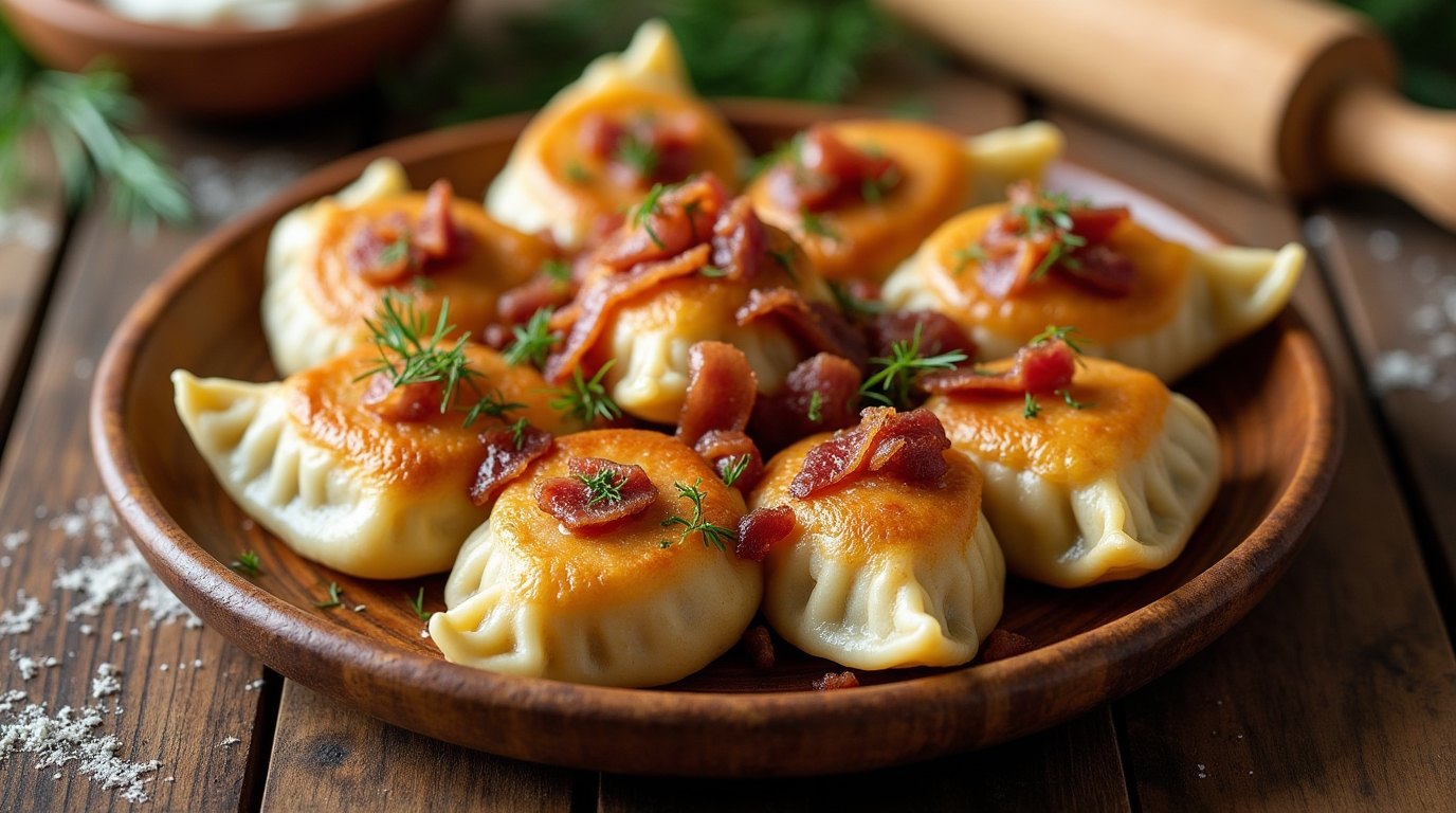 A delicious plate of golden-brown Pierogi, perfectly fried to crispy perfection, with a filling of creamy mashed potatoes and savory cheese. The dumplings are arranged neatly on a rustic wooden board, garnished with a dollop of sour cream and finely chopped chives. A cozy, homey atmosphere surrounds this traditional dish, evoking the warmth of a family mea