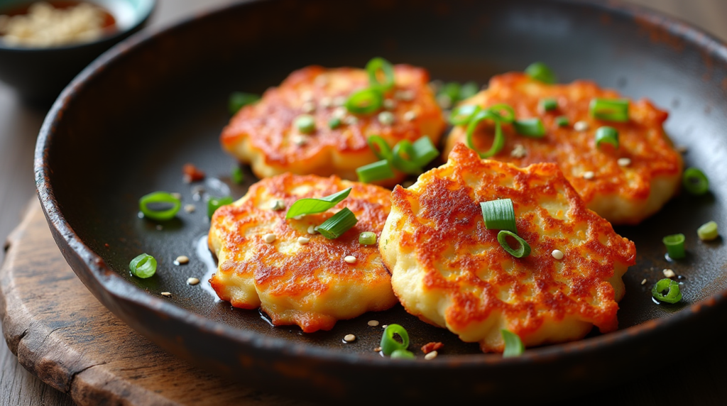 A sizzling hot Kimchi Pancake, fresh off the pan, with crispy edges and vibrant red-orange hues from the kimchi, garnished with chopped green onions and sesame seeds, placed on a rustic wooden table with chopsticks on the side.