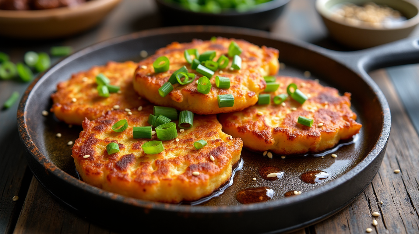 A stack of crispy Kimchi Pancakes, golden-brown on the edges with a slightly chewy center, packed with spicy fermented kimchi and scallions, served on a white plate with a side of soy dipping sauce and sesame seeds