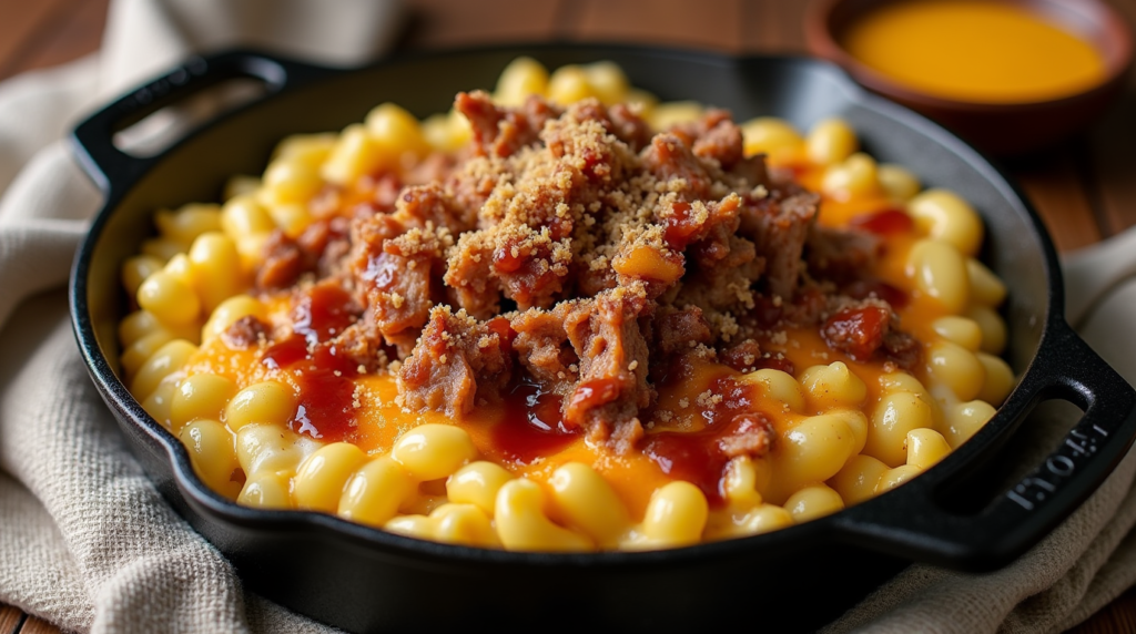 A hearty bowl of Rustic Pulled Pork Mac & Cheese, featuring tender, slow-cooked pulled pork piled over creamy, cheesy macaroni, drizzled with tangy barbecue sauce and garnished with fresh chopped parsley, served in a cast-iron skillet